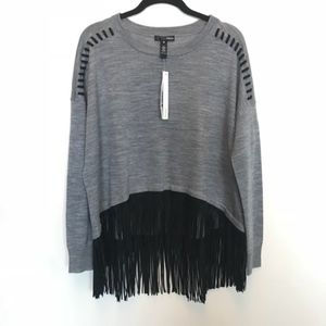 Aqua | Gray Faux-Suede Fringe Sweater